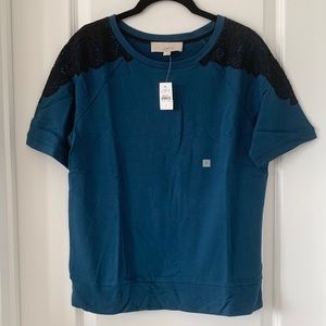 NWT LOFT Lace Shoulder Crewneck Short Sleeves Cotton Top Size S